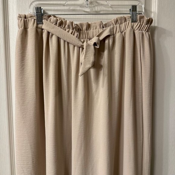 Vision USA | XXL Light Beige Crinkle Paper Bag Tie Front Wide Leg Pants Palazzo - Picture 2 of 7